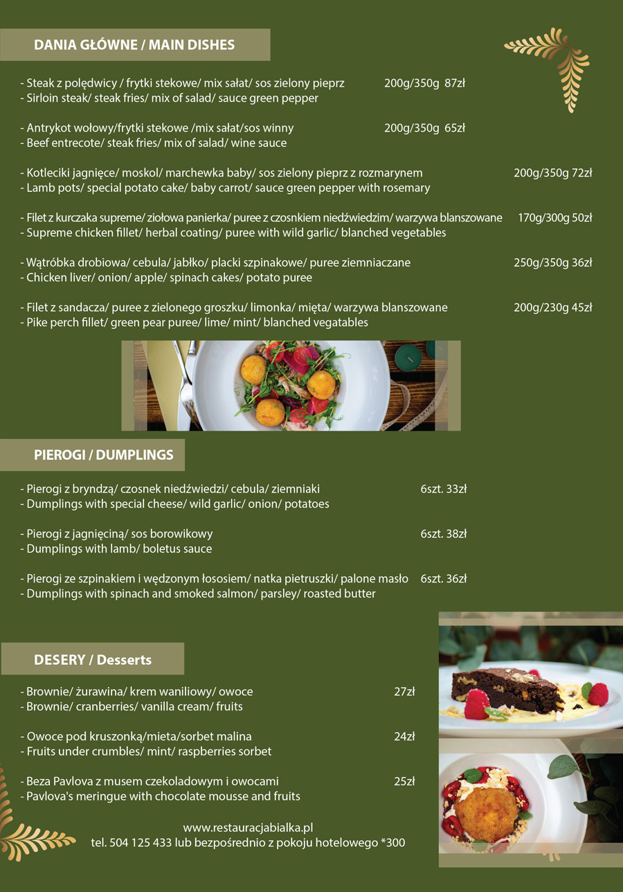 menu restauracja Bajka
