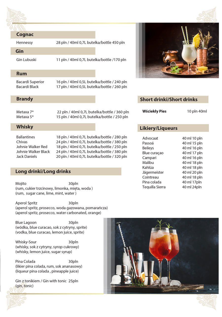 menu restauracja Bajka
